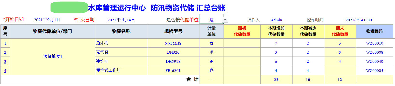 Excel服务器开发防汛物资管理系统-代储物资汇总台账