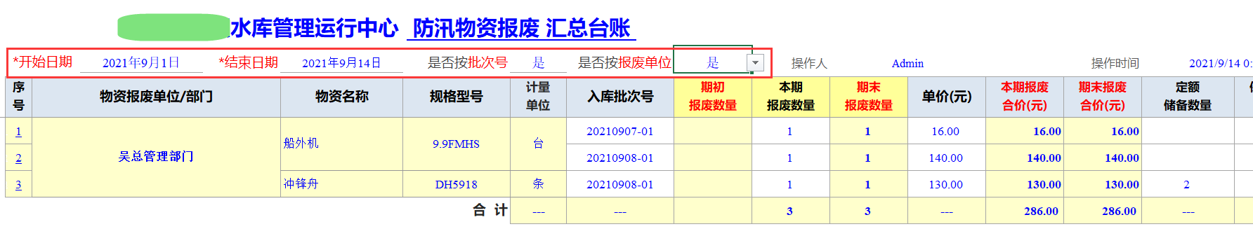 Excel服务器开发防汛物资管理系统-物资报废汇总台账